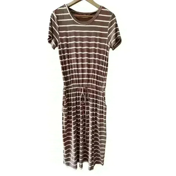Simier Fariry Womens Dress Size Medium Brown Stripes Stretchy Casual Pockets‎ - Picture 1 of 12